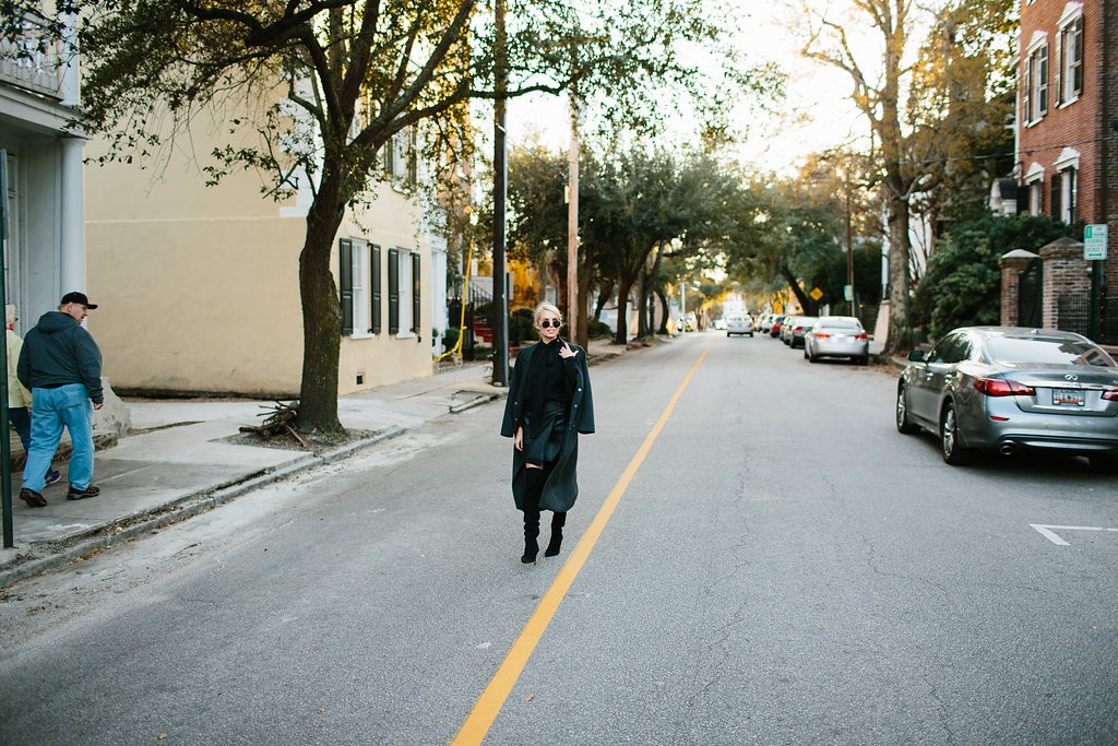 Lamoda 101 Faux Crocodile Moto Skirt leather wrap over-the-knee boots long sleeve blouse skinny scarf long coat // Charleston Fashion Blogger Dannon Almost Happening