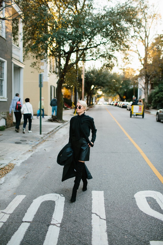 Lamoda 101 Faux Crocodile Moto Skirt leather wrap over-the-knee boots long sleeve blouse skinny scarf long coat // Charleston Fashion Blogger Dannon Almost Happening