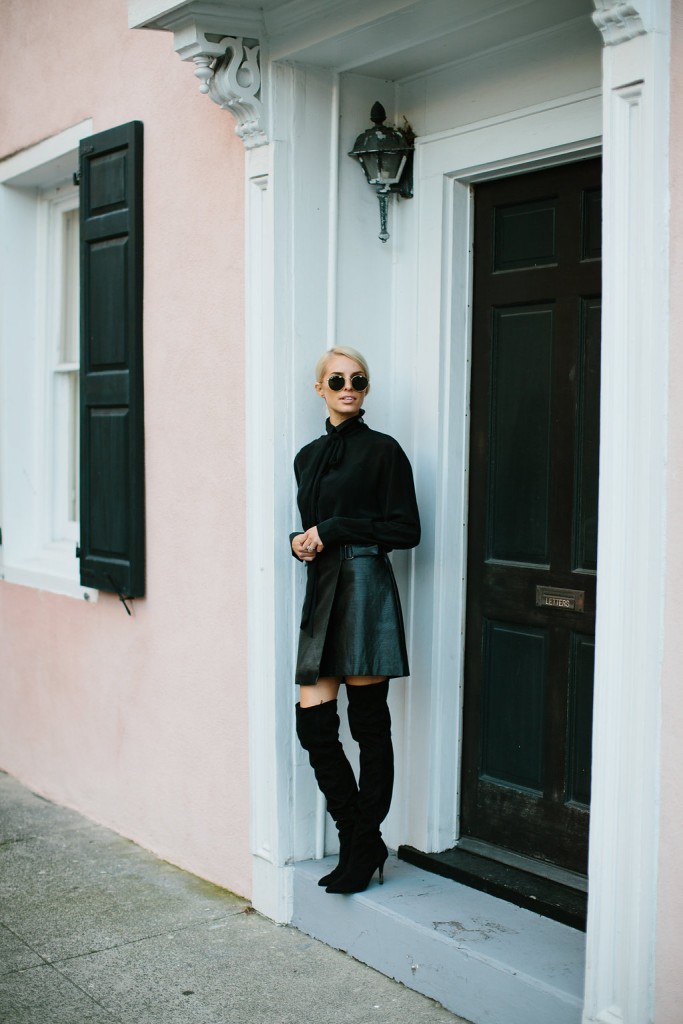 Lamoda 101 Faux Crocodile Moto Skirt leather wrap over-the-knee boots long sleeve blouse skinny scarf long coat // Charleston Fashion Blogger Dannon Almost Happening