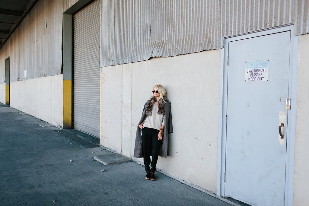 Winter is Going Cream V neck sweater pinstripe trousers pants oversized grey coat faux fur stole rayban round sunglasses // Charleston Fashion Blogger Dannon Almost Happening