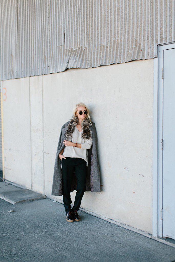 Winter is Going Cream V neck sweater pinstripe trousers pants oversized grey coat faux fur stole rayban round sunglasses // Charleston Fashion Blogger Dannon Almost Happening