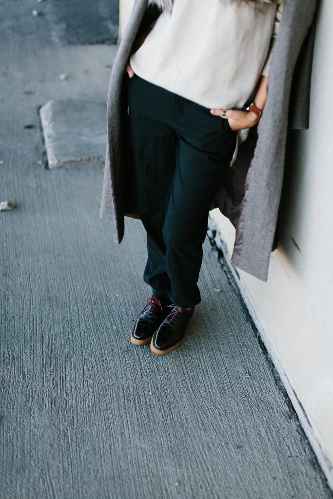 Winter is Going Cream V neck sweater pinstripe trousers pants oversized grey coat faux fur stole rayban round sunglasses // Charleston Fashion Blogger Dannon Almost Happening