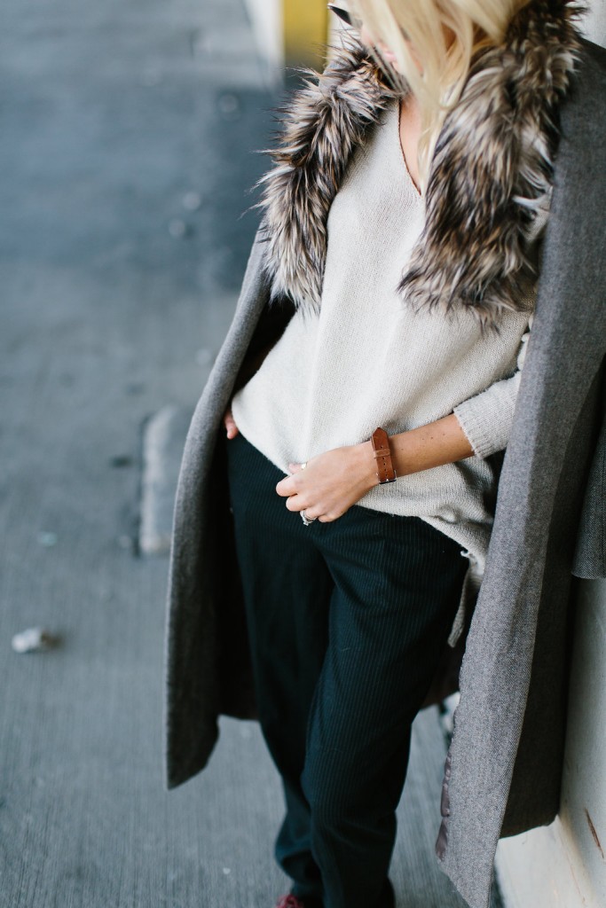 Winter is Going Cream V neck sweater pinstripe trousers pants oversized grey coat faux fur stole rayban round sunglasses // Charleston Fashion Blogger Dannon Almost Happening