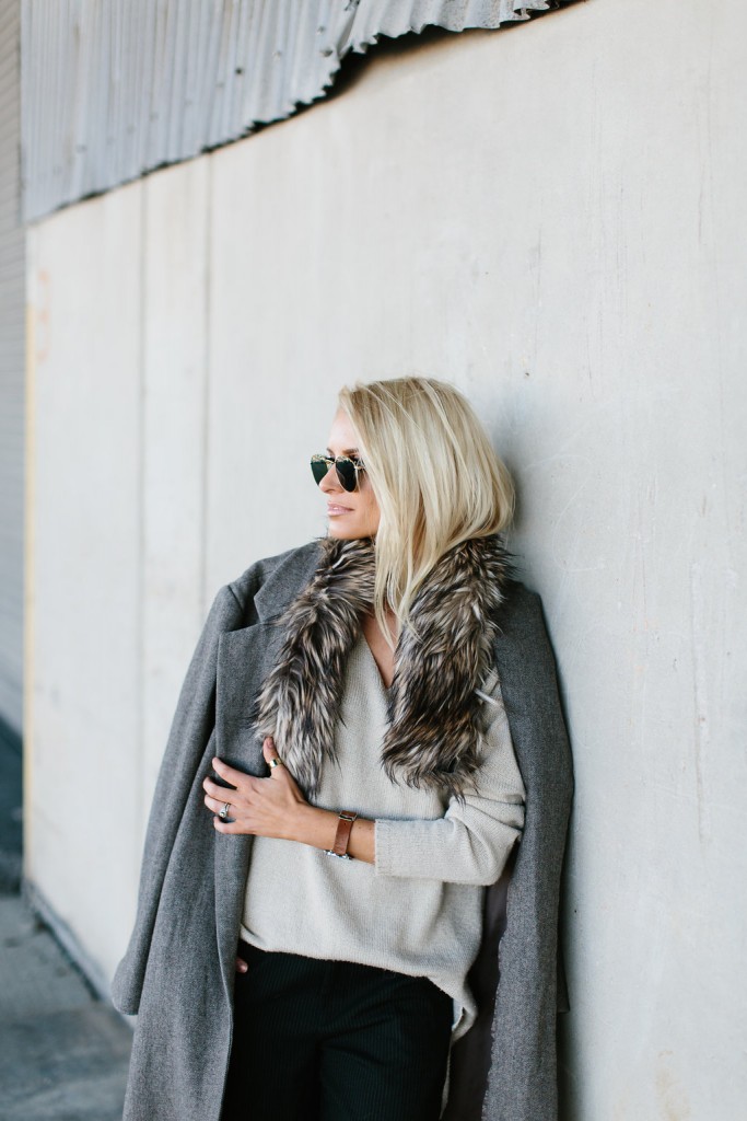 Winter is Going Cream V neck sweater pinstripe trousers pants oversized grey coat faux fur stole rayban round sunglasses // Charleston Fashion Blogger Dannon Almost Happening