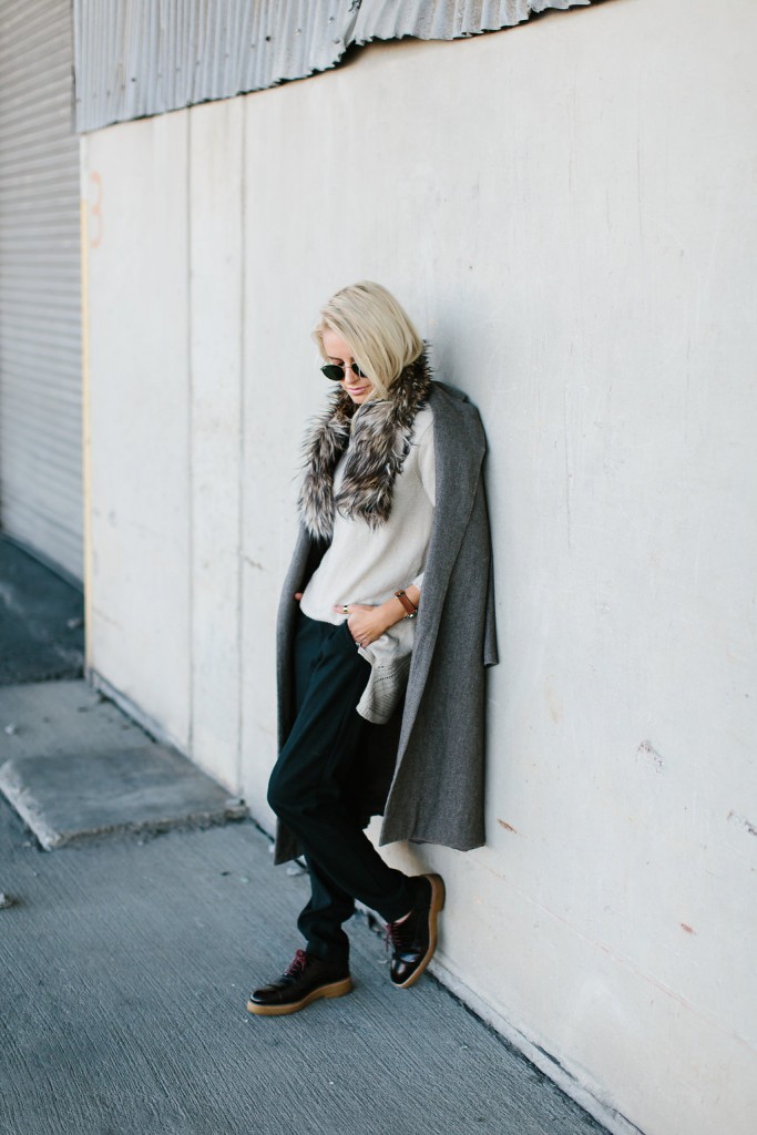 Winter is Going Cream V neck sweater pinstripe trousers pants oversized grey coat faux fur stole rayban round sunglasses // Charleston Fashion Blogger Dannon Almost Happening