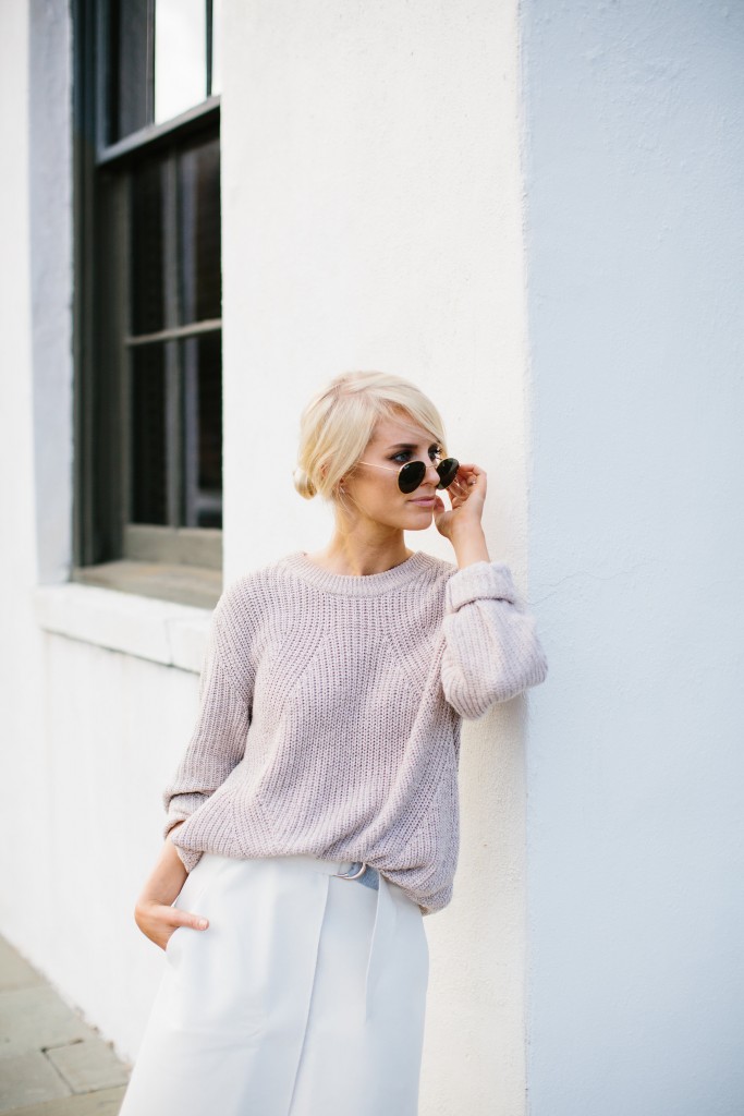 Chunky Knits + Wrap Skirts Spring 2016 Chunky knit sweater H&M Lamoda 101 Hesse belted wrap skirt white Sante Shoes nude pointed mules // Charleston Fashion Blogger Dannon Almost Happening