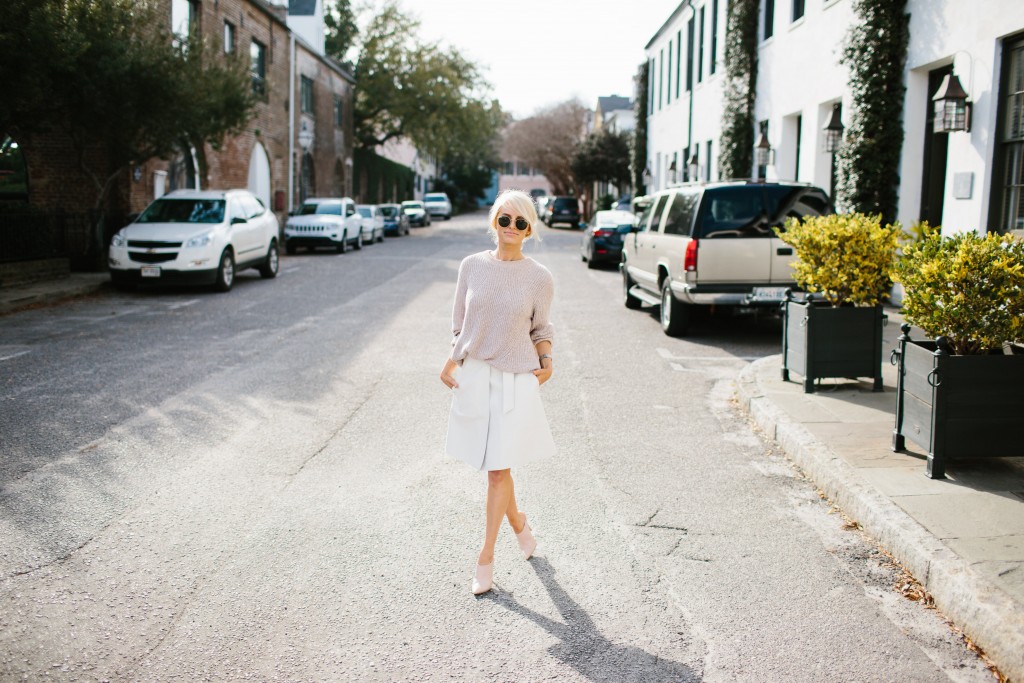 Chunky Knits + Wrap Skirts Spring 2016 Chunky knit sweater H&M Lamoda 101 Hesse belted wrap skirt white Sante Shoes nude pointed mules // Charleston Fashion Blogger Dannon Almost Happening
