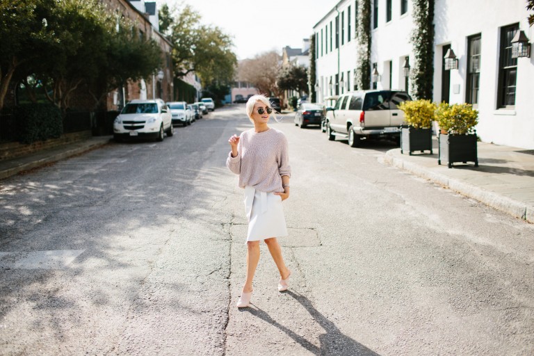 Chunky Knits + Wrap Skirts Spring 2016 Chunky knit sweater H&M Lamoda 101 Hesse belted wrap skirt white Sante Shoes nude pointed mules // Charleston Fashion Blogger Dannon Almost Happening