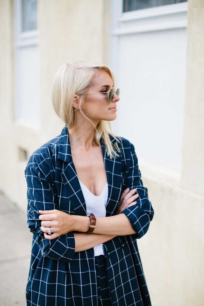 Grids Lamoda 101 Windowpane Check Coat and trousers Minimalist Navy white kitten heels block Zara Spring 2016 // Charleston Fashion Blogger Dannon Almost Happening