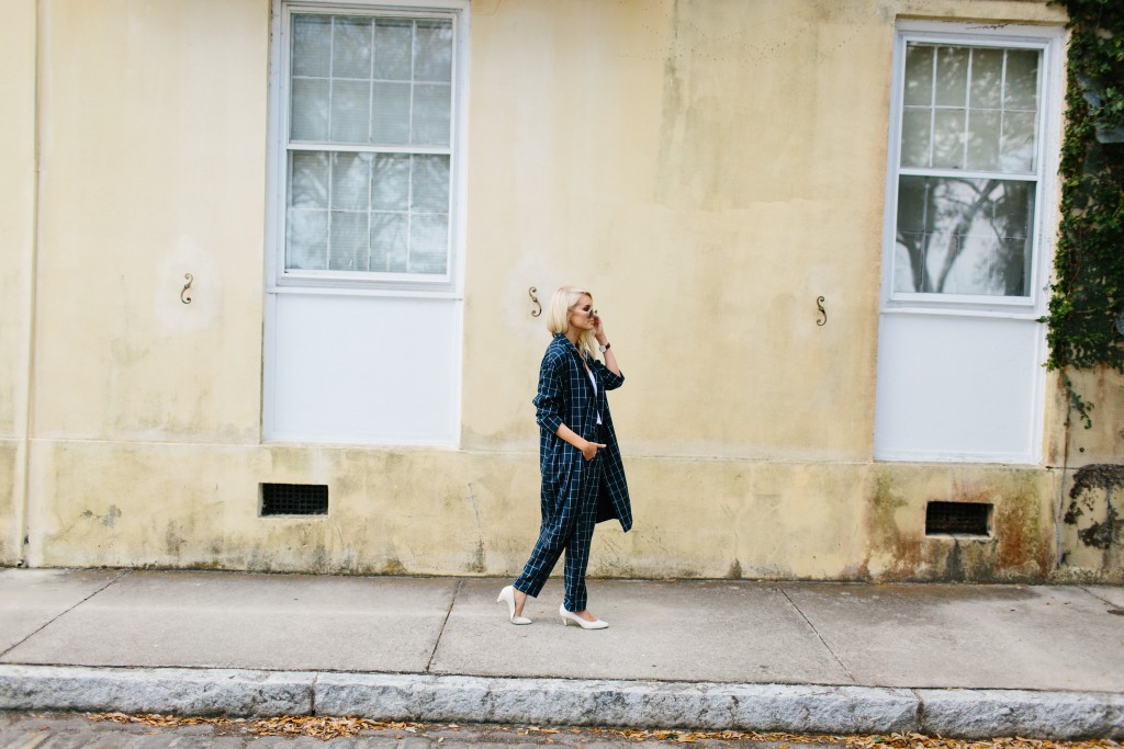 Grids Lamoda 101 Windowpane Check Coat and trousers Minimalist Navy white kitten heels block Zara Spring 2016 // Charleston Fashion Blogger Dannon Almost Happening