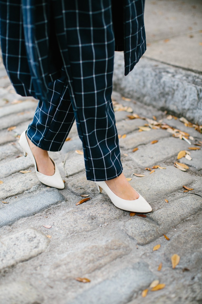 Grids Lamoda 101 Windowpane Check Coat and trousers Minimalist Navy white kitten heels block Zara Spring 2016 // Charleston Fashion Blogger Dannon Almost Happening