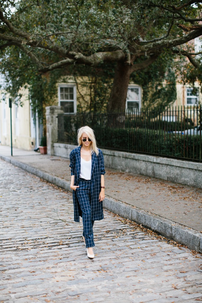 Grids Lamoda 101 Windowpane Check Coat and trousers Minimalist Navy white kitten heels block Zara Spring 2016 // Charleston Fashion Blogger Dannon Almost Happening