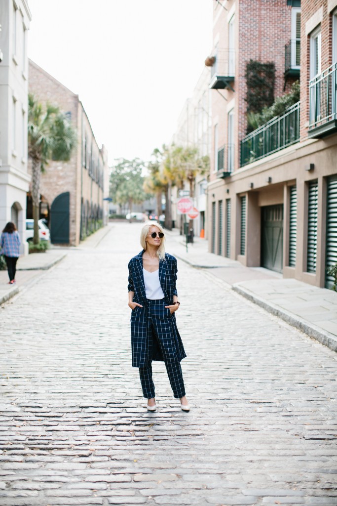Grids Lamoda 101 Windowpane Check Coat and trousers Minimalist Navy white kitten heels block Zara Spring 2016 // Charleston Fashion Blogger Dannon Almost Happening