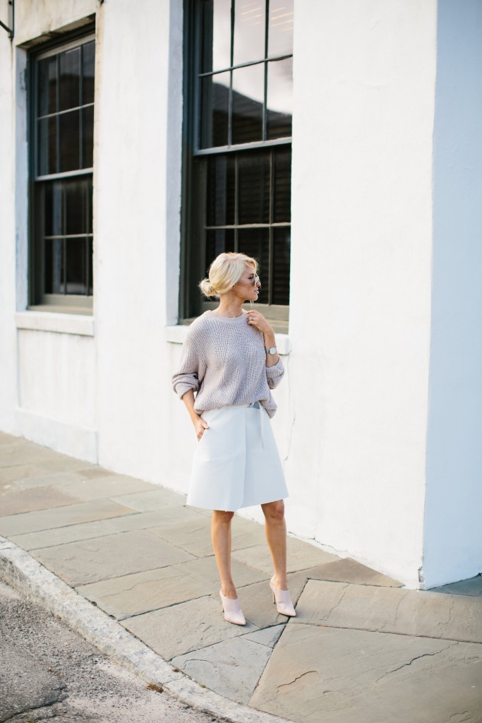 Chunky Knits + Wrap Skirts Spring 2016 Chunky knit sweater H&M Lamoda 101 Hesse belted wrap skirt white Sante Shoes nude pointed mules // Charleston Fashion Blogger Dannon Almost Happening