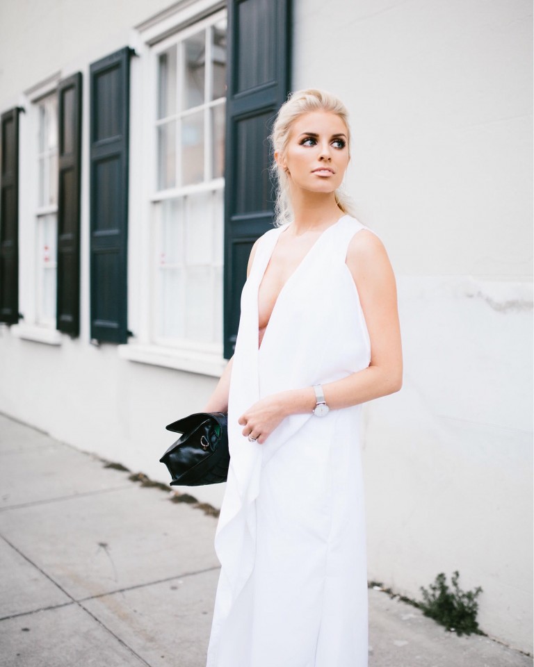CFW Finale Charles Morgan Charleston Fashion Week 2016 Street style white ruffle dress trouser wide leg pants half up half down tousled hair kelli hoff // Charleston Fashion Blogger Dannon Almost Happening