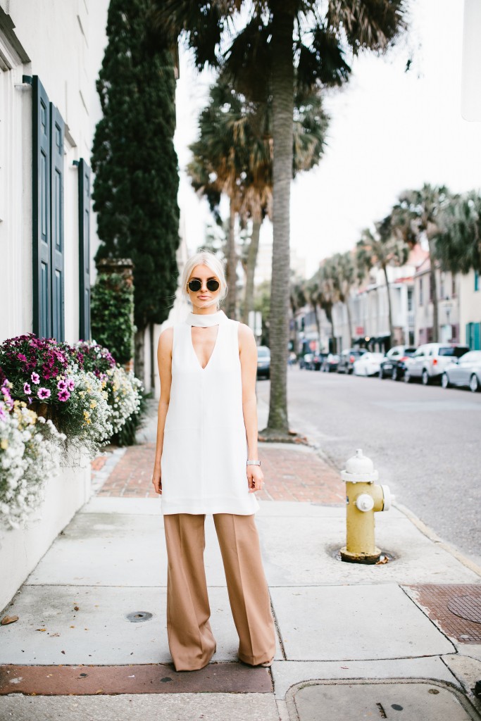 Spring Layers Forever 21 Mock-Neck cutout shift dress white keyhole collar cmeo collective wide leg high waist pants trousers camel Zara   // Charleston Fashion Blogger Dannon Almost Happening
