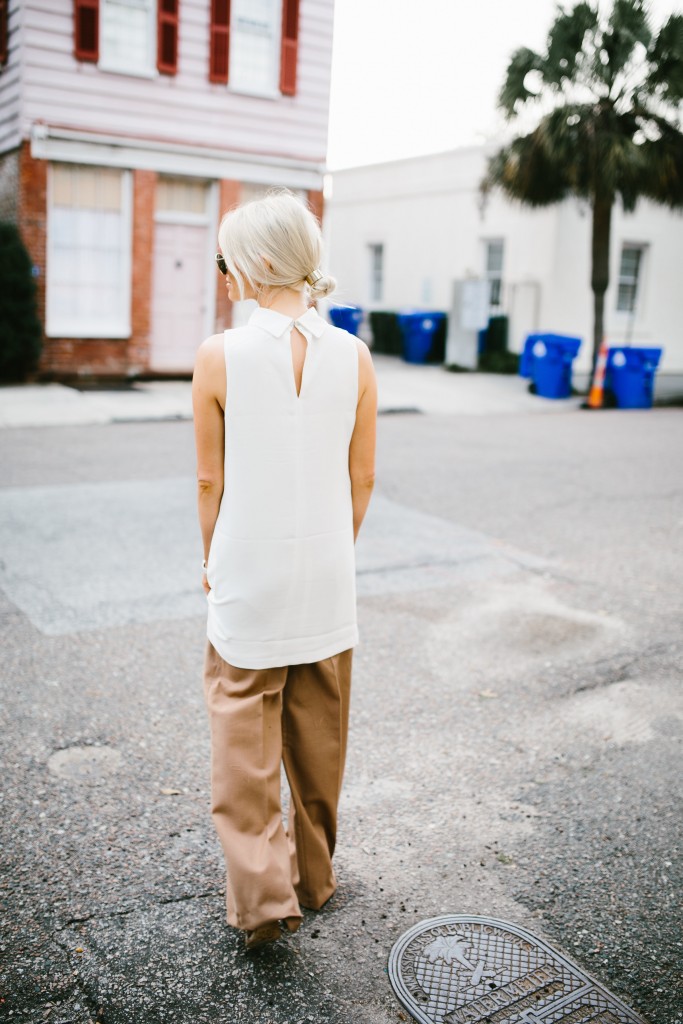 Spring Layers Forever 21 Mock-Neck cutout shift dress white keyhole collar cmeo collective wide leg high waist pants trousers camel Zara   // Charleston Fashion Blogger Dannon Almost Happening