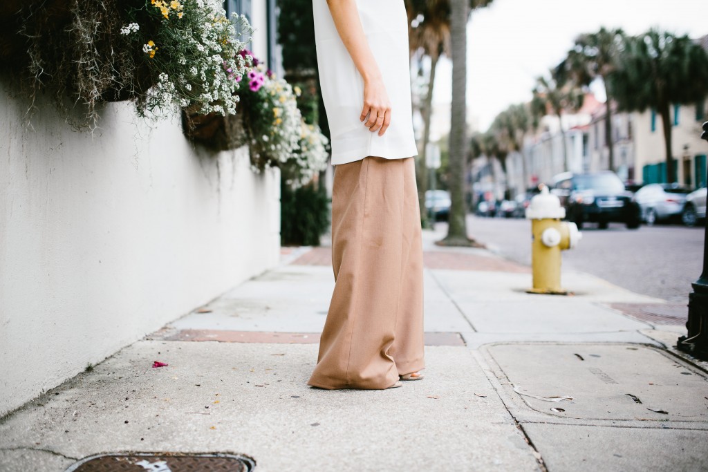 Spring Layers Forever 21 Mock-Neck cutout shift dress white keyhole collar cmeo collective wide leg high waist pants trousers camel Zara   // Charleston Fashion Blogger Dannon Almost Happening