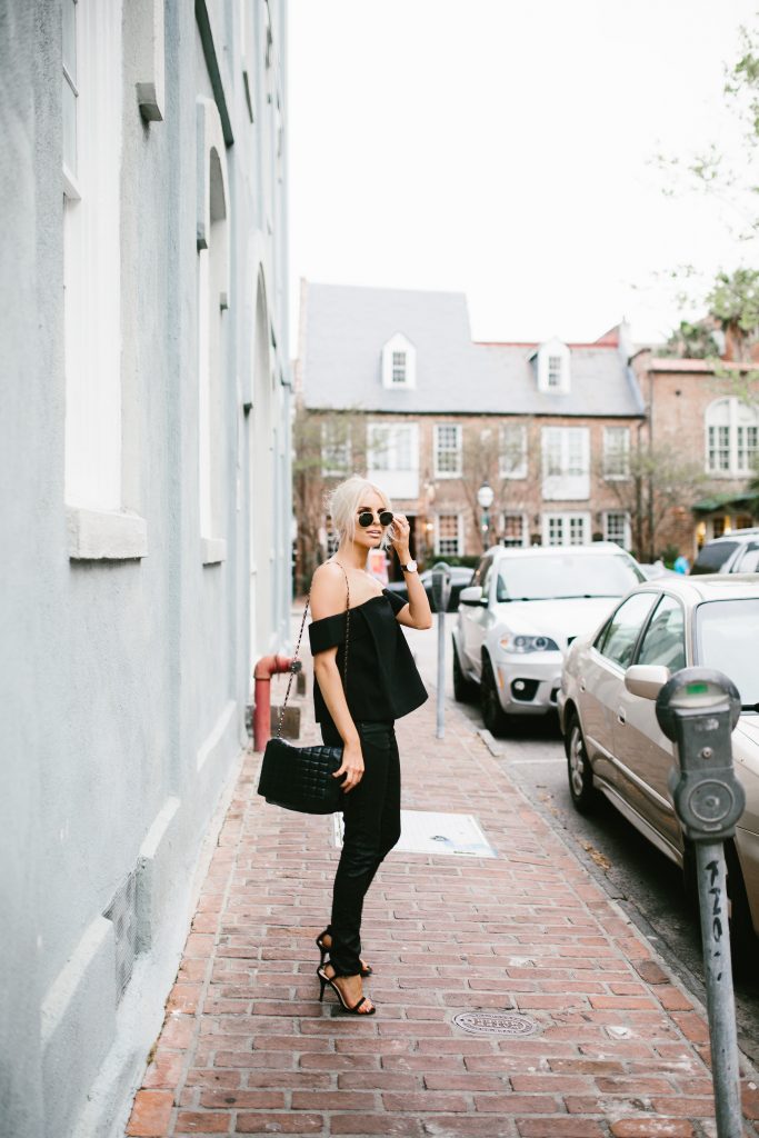 The Palisades Top Cmeo Collective Cameo The Label Black top-the-shoulder modern top leather H&M pants // Charleston Fashion Blogger Dannon Almost Happening