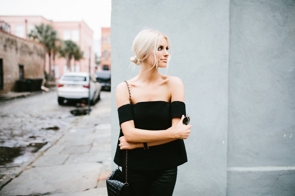 The Palisades Top Cmeo Collective Cameo The Label Black top-the-shoulder modern top leather H&M pants // Charleston Fashion Blogger Dannon Almost Happening