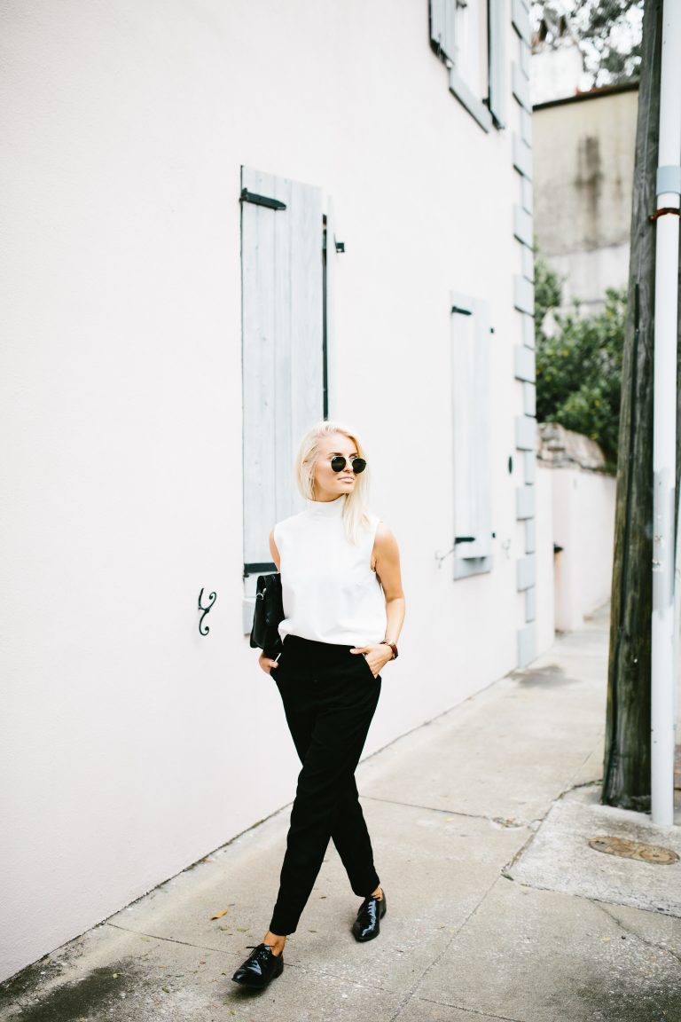 Boyish Asos high neck sleeveless turtleneck white high waist trousers slacks Forever 21 black patent leather oxfords // Charleston Fashion Blogger Dannon Almost Happening
