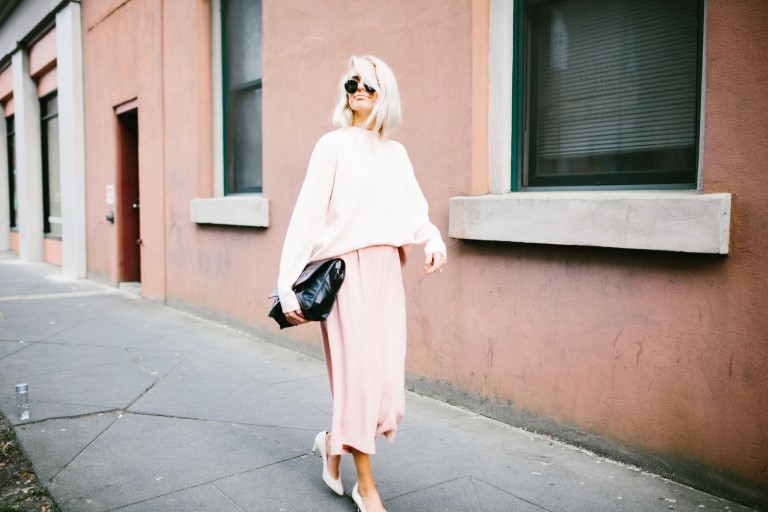 Blush and Bashful H&M mock turtleneck sweater pink blush culottes Tibi Banana Republic white kitten heels nordstrom // Charleston Fashion Blogger Dannon Almost Happening