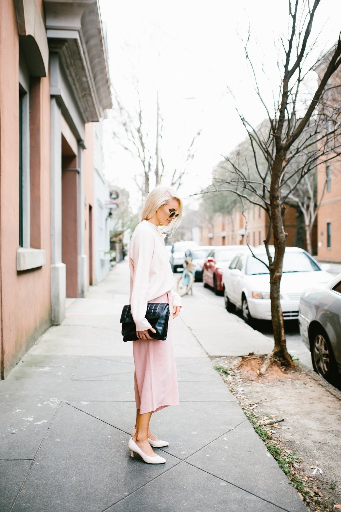 Blush and Bashful H&M mock turtleneck sweater pink blush culottes Tibi Banana Republic white kitten heels nordstrom // Charleston Fashion Blogger Dannon Almost Happening