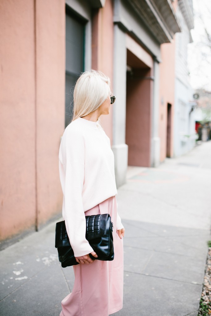 Blush and Bashful H&M mock turtleneck sweater pink blush culottes Tibi Banana Republic white kitten heels nordstrom // Charleston Fashion Blogger Dannon Almost Happening