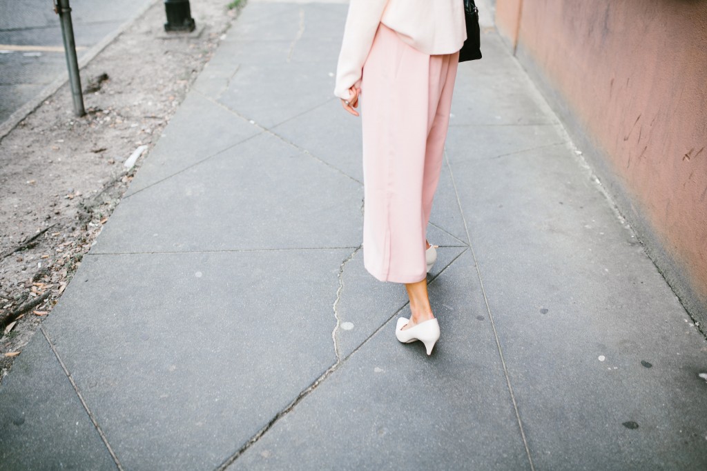 Blush and Bashful H&M mock turtleneck sweater pink blush culottes Tibi Banana Republic white kitten heels nordstrom // Charleston Fashion Blogger Dannon Almost Happening