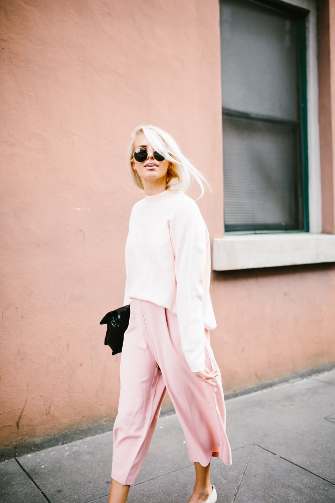 Blush and Bashful H&M mock turtleneck sweater pink blush culottes Tibi Banana Republic white kitten heels nordstrom // Charleston Fashion Blogger Dannon Almost Happening