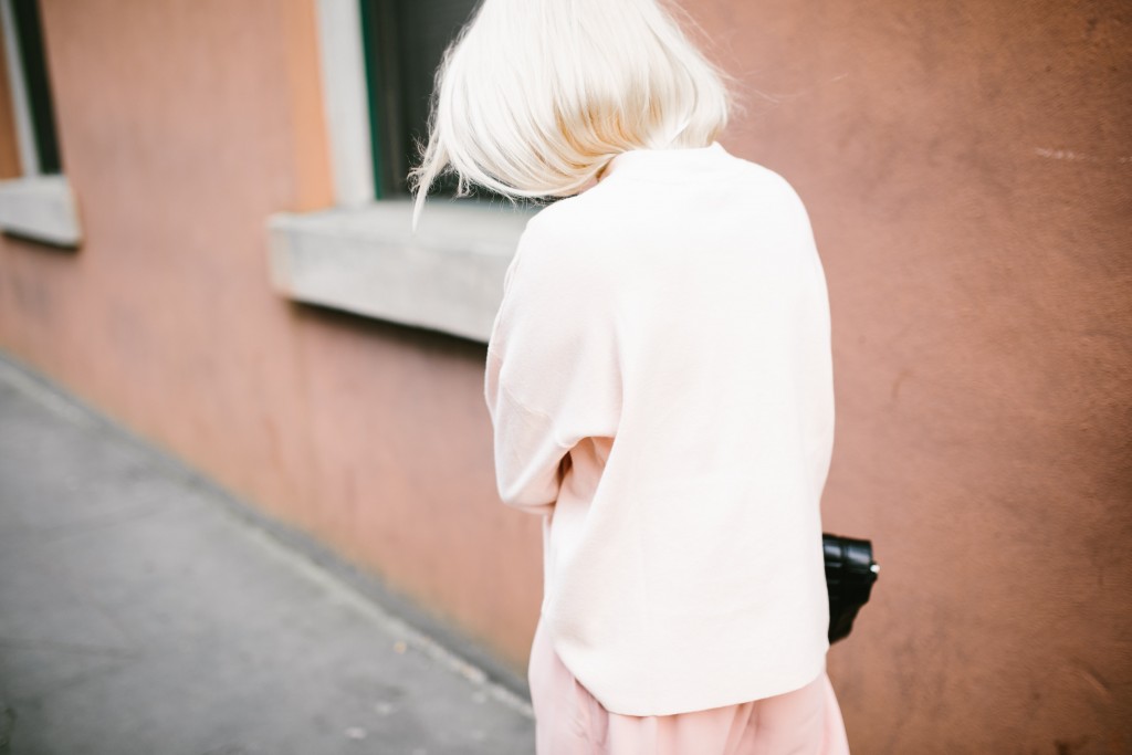 Blush and Bashful H&M mock turtleneck sweater pink blush culottes Tibi Banana Republic white kitten heels nordstrom // Charleston Fashion Blogger Dannon Almost Happening