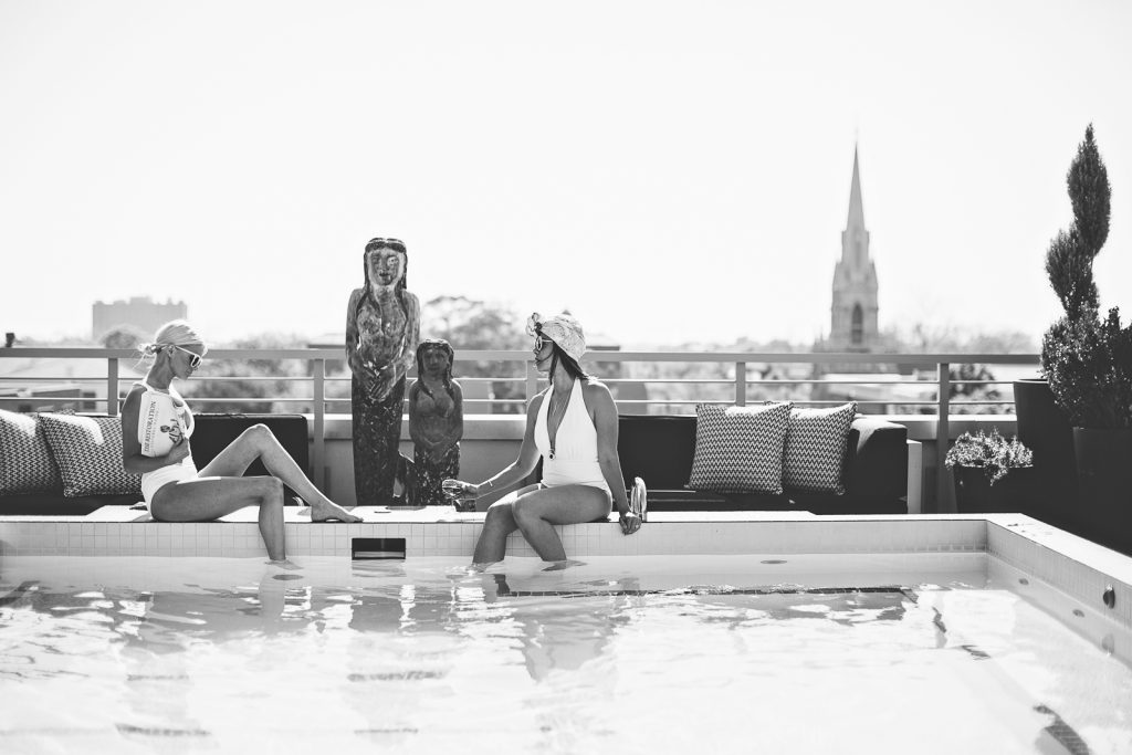 Everything But Water Jets by Jessika Allen One piece plunge swimsuit White cutout Le Specs Sunglasses Rachel Zoe eyelet Romper The Restoration Hotel downtown // Charleston Fashion Blogger Dannon Almost Happening