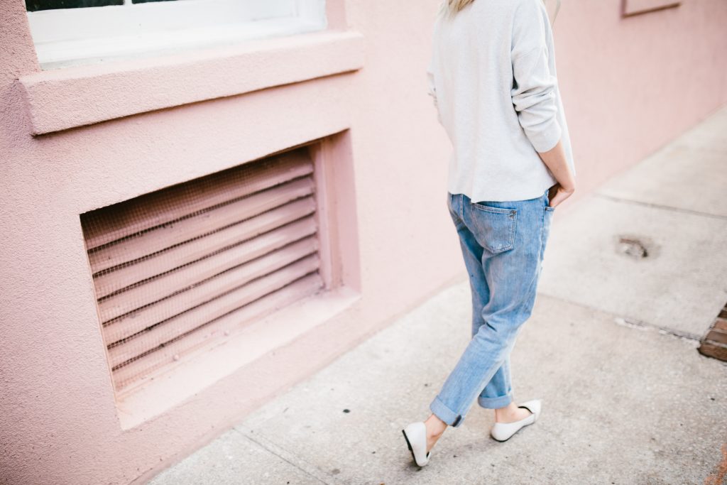 Lazy Days H&M mock turtleneck sweater madewell boyfriend jeans forever 21 white grey loafers // Charleston Fashion Blogger Dannon Almost Happening