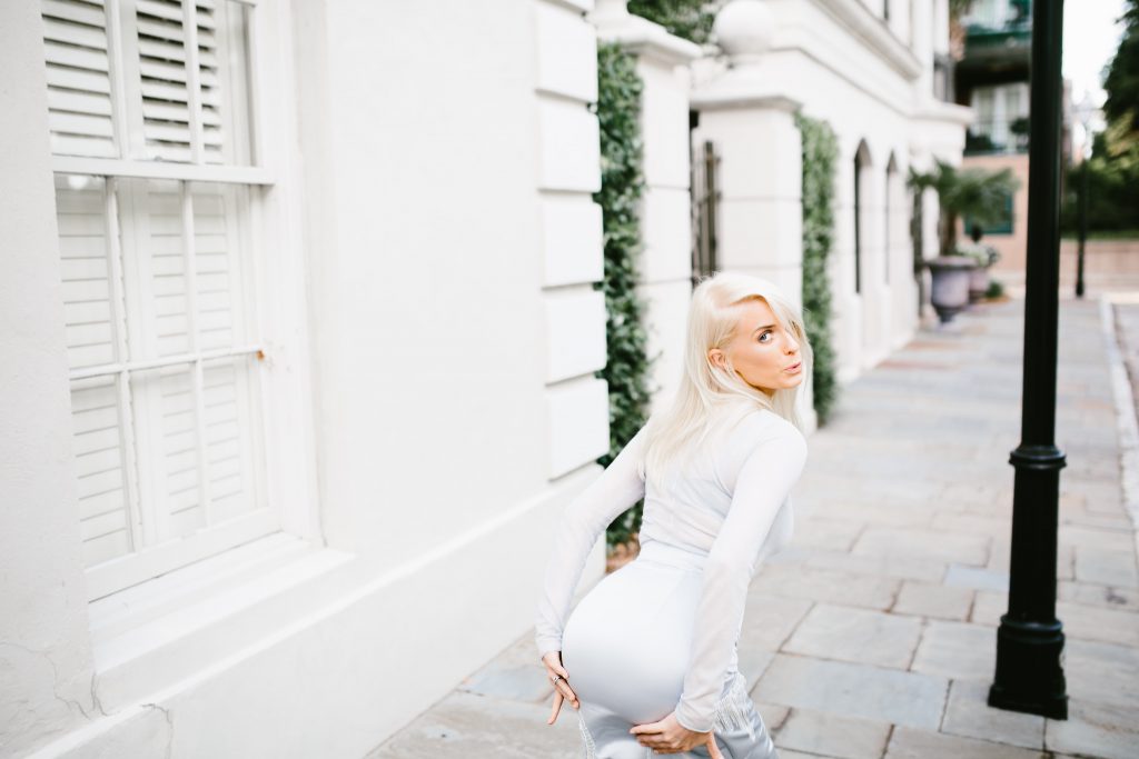 H&M Conscious 2016 Fine knit lyoceel blend sheer blue gray long sleeve top beaded satin skirt midi pencil // Charleston Fashion Blogger Dannon Almost Happening
