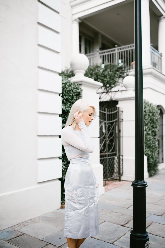 H&M Conscious 2016 Fine knit lyoceel blend sheer blue gray long sleeve top beaded satin skirt midi pencil // Charleston Fashion Blogger Dannon Almost Happening 