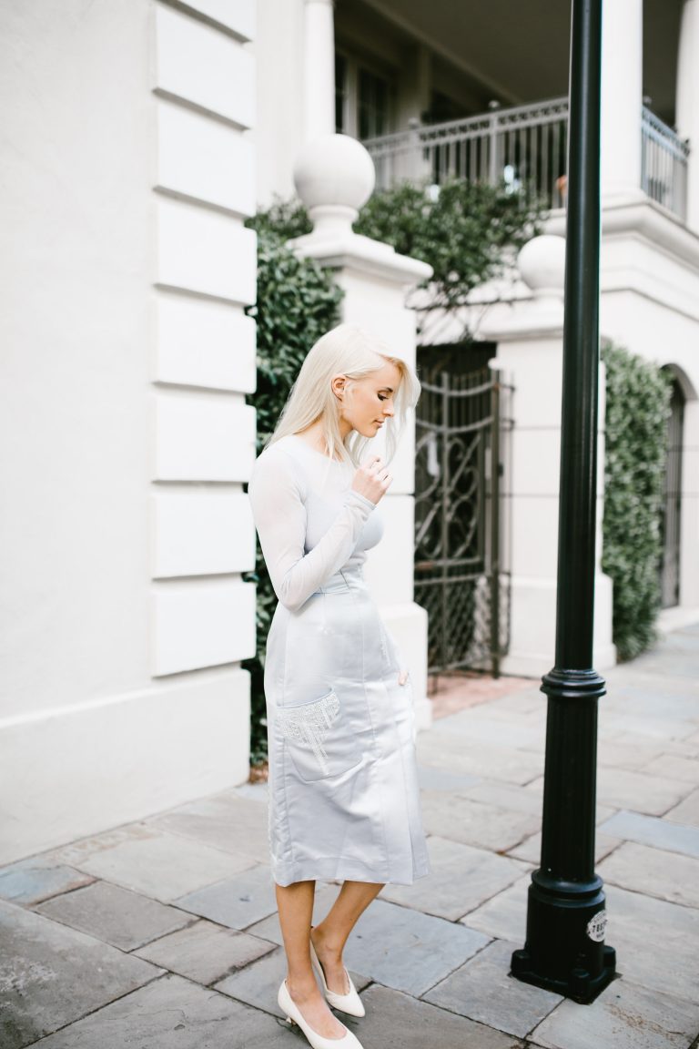 H&M Conscious 2016 Fine knit lyoceel blend sheer blue gray long sleeve top beaded satin skirt midi pencil // Charleston Fashion Blogger Dannon Almost Happening