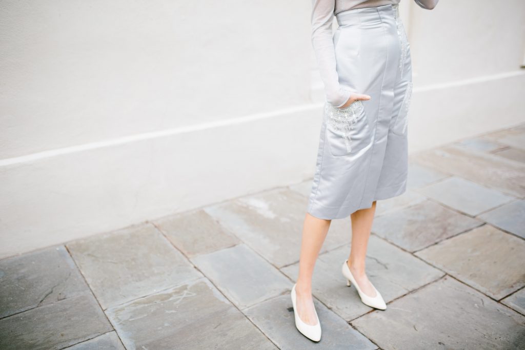 H&M Conscious 2016 Fine knit lyoceel blend sheer blue gray long sleeve top beaded satin skirt midi pencil // Charleston Fashion Blogger Dannon Almost Happening 
