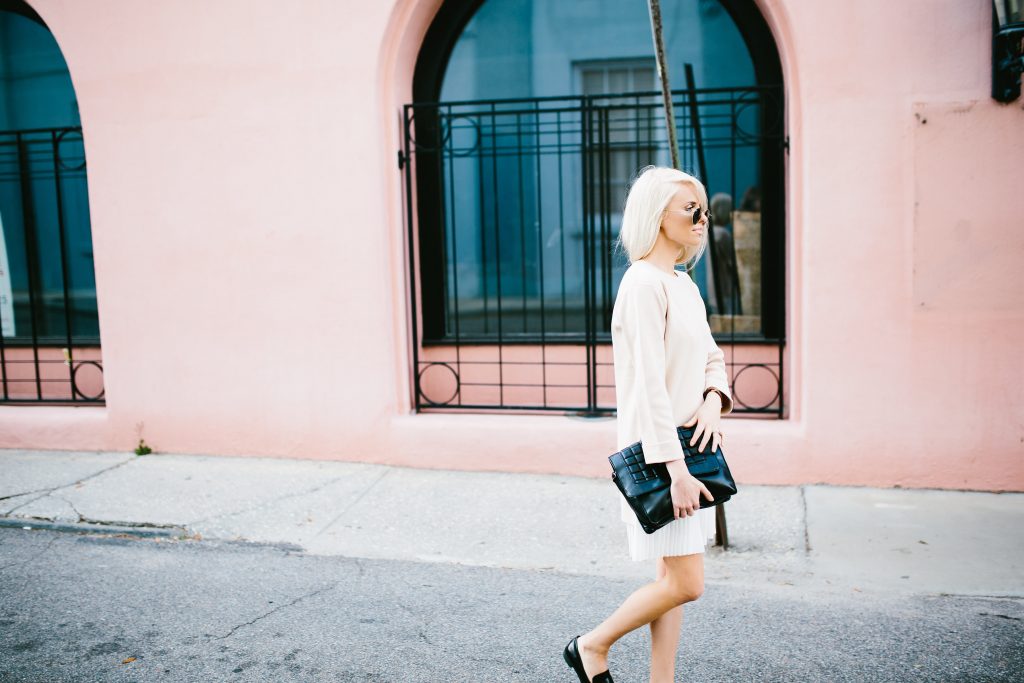 school’s out degas sweater dress with pleated skirt Lamoda 101 blush white Spring 2016 street style // Charleston Fashion Blogger Dannon Almost Happening