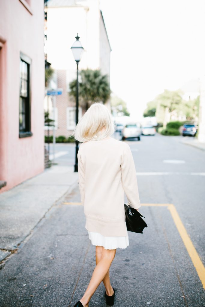 school’s out degas sweater dress with pleated skirt Lamoda 101 blush white Spring 2016 street style // Charleston Fashion Blogger Dannon Almost Happening