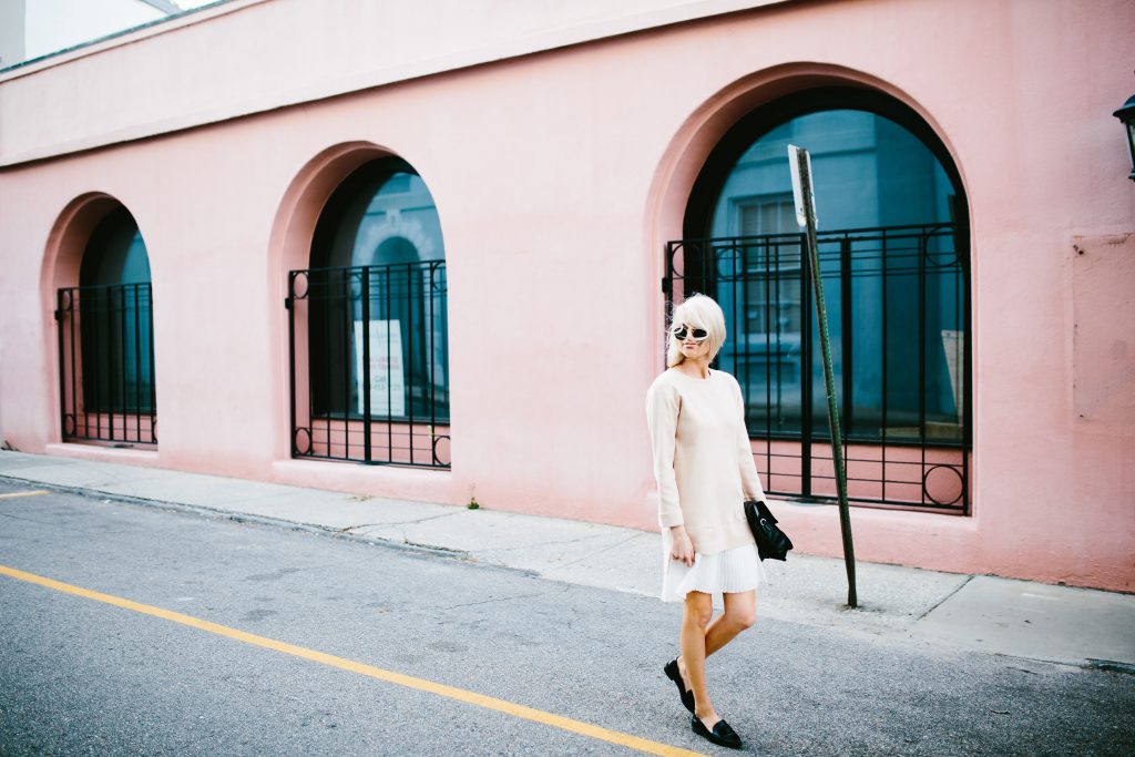 school’s out degas sweater dress with pleated skirt Lamoda 101 blush white Spring 2016 street style // Charleston Fashion Blogger Dannon Almost Happening