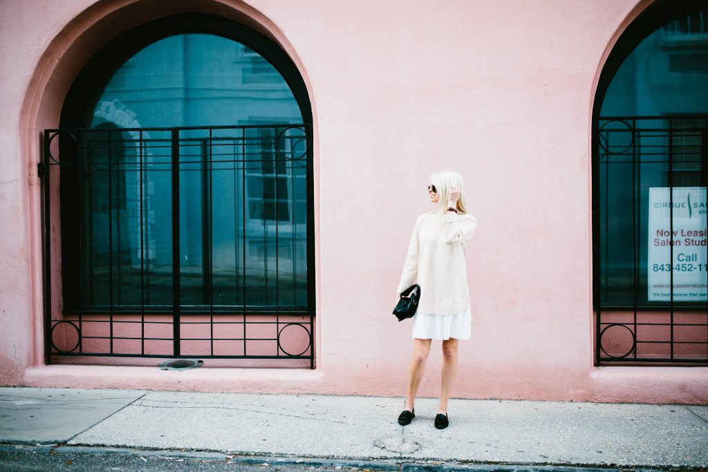 school’s out degas sweater dress with pleated skirt Lamoda 101 blush white Spring 2016 street style // Charleston Fashion Blogger Dannon Almost Happening
