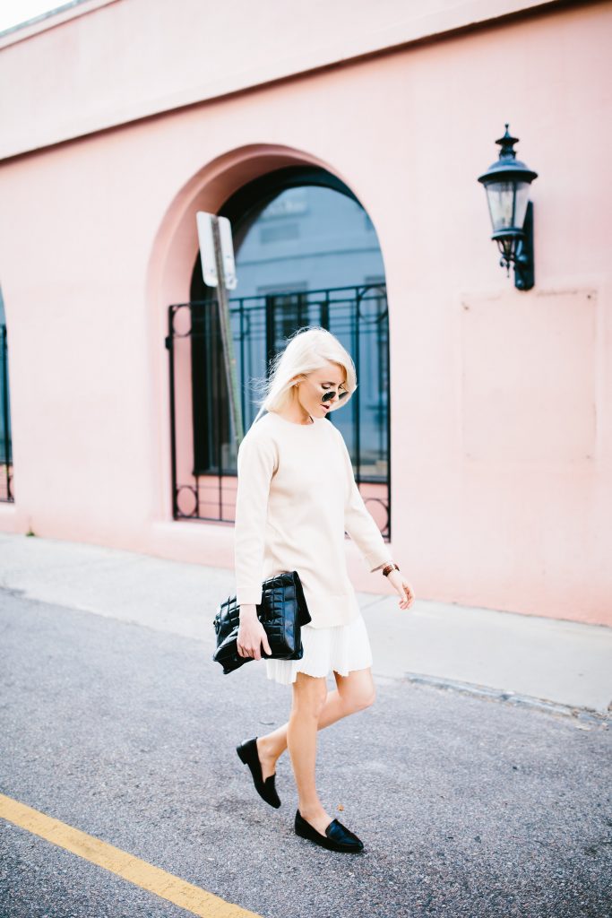 school’s out degas sweater dress with pleated skirt Lamoda 101 blush white Spring 2016 street style // Charleston Fashion Blogger Dannon Almost Happening