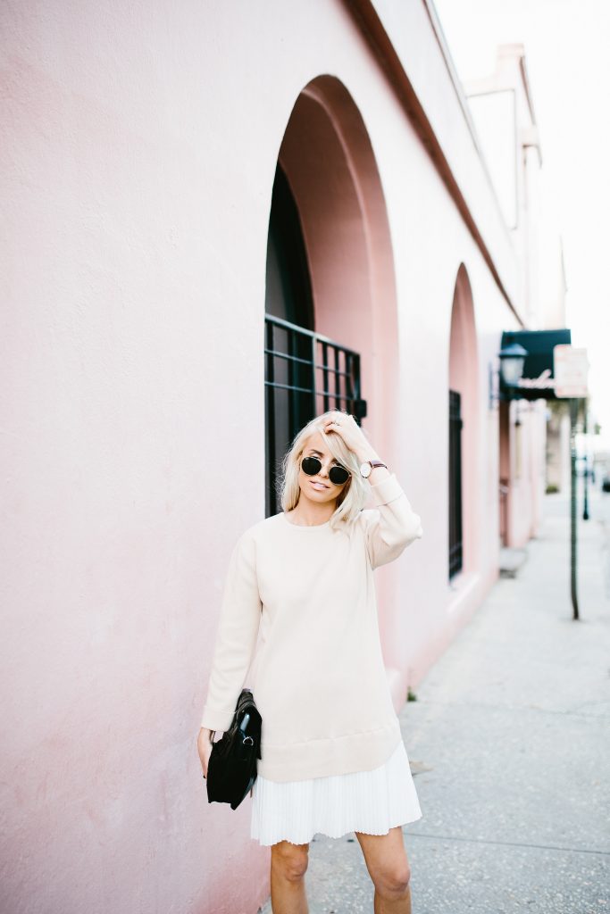 school’s out degas sweater dress with pleated skirt Lamoda 101 blush white Spring 2016 street style // Charleston Fashion Blogger Dannon Almost Happening
