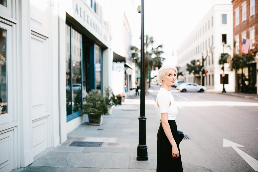 AQ/AQ Summer Capsule Collection Isha Split Sleeve Crop Top White Atra High Waist Trousers wide leg pants // Charleston Fashion Blogger Dannon Almost Happening 