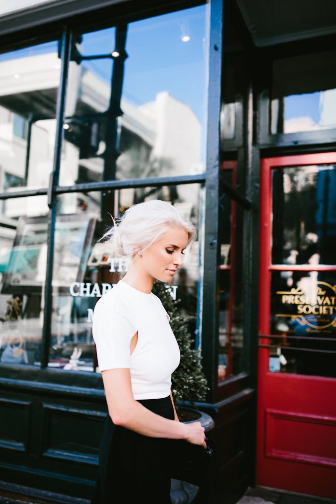 AQ/AQ Summer Capsule Collection Isha Split Sleeve Crop Top White Atra High Waist Trousers wide leg pants // Charleston Fashion Blogger Dannon Almost Happening 