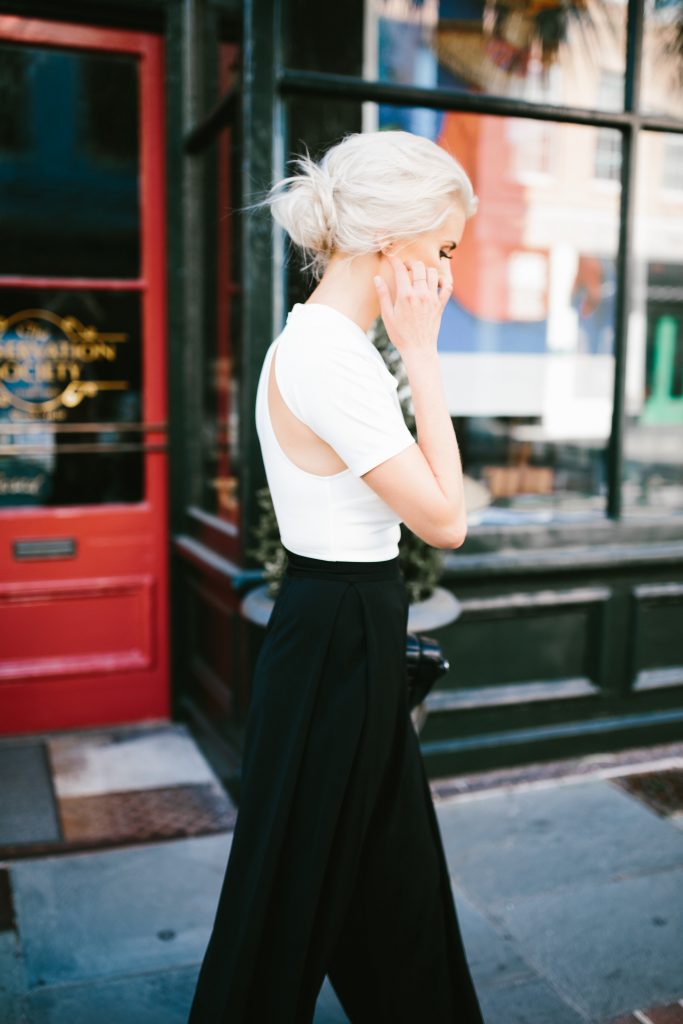 AQ/AQ Summer Capsule Collection Isha Split Sleeve Crop Top White Atra High Waist Trousers wide leg pants // Charleston Fashion Blogger Dannon Almost Happening 