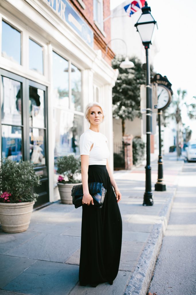 AQ/AQ Summer Capsule Collection Isha Split Sleeve Crop Top White Atra High Waist Trousers wide leg pants // Charleston Fashion Blogger Dannon Almost Happening 