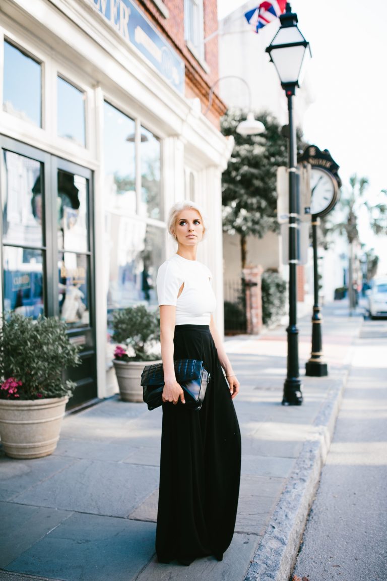 AQ/AQ Summer Capsule Collection Isha Split Sleeve Crop Top White Atra High Waist Trousers wide leg pants // Charleston Fashion Blogger Dannon Almost Happening