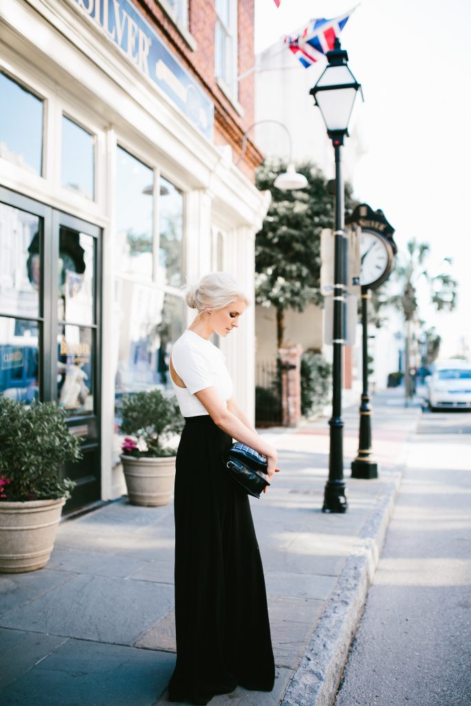 AQ/AQ Summer Capsule Collection Isha Split Sleeve Crop Top White Atra High Waist Trousers wide leg pants // Charleston Fashion Blogger Dannon Almost Happening 