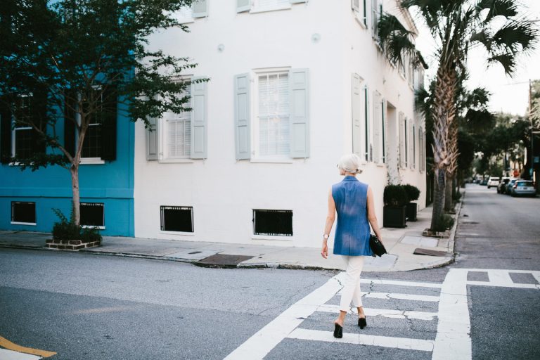 business casual banana republic chambray vest office attire day to night summer look 2016 H&M slacks peep toe mules // Charleston Fashion Blogger Dannon Almost Happening